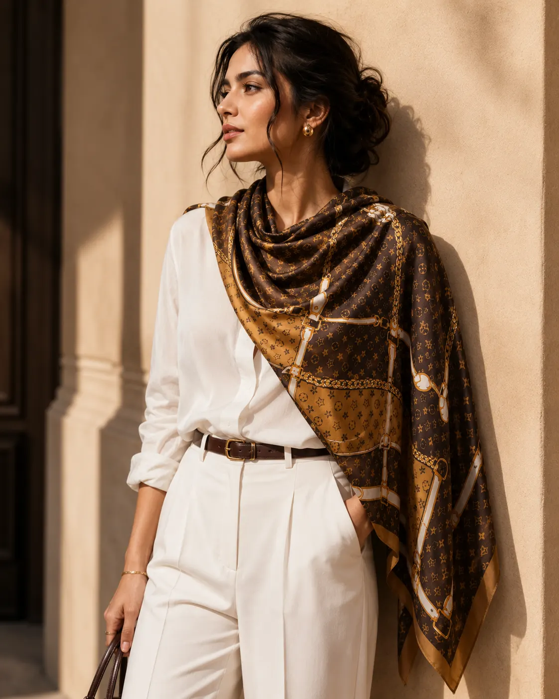 Muse & Silk Nomad Chocolate Brown Luxury Silk Scarf displayed in a desert luxury setting.
